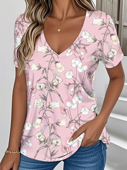 Elviana™ – Blomstrete T-skjorte med V-hals og korte ermer